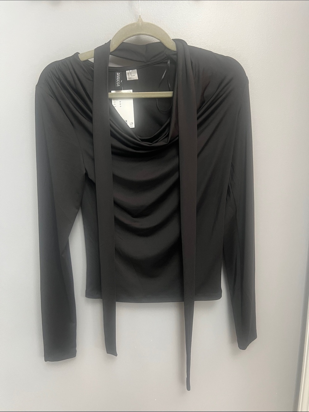 Black Draped Long-Sleeve Tie-Neck Top -